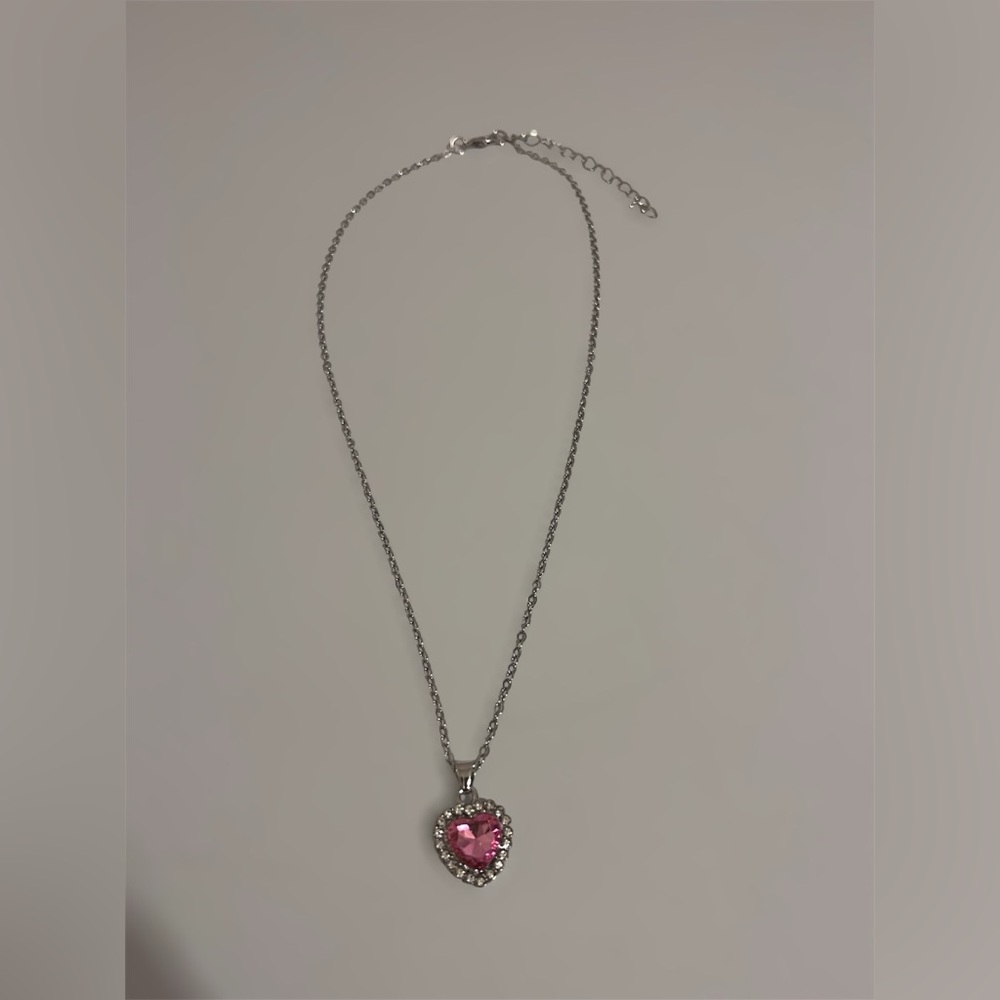 Pink Heart Gemstone Necklace | Silver Tone Rhinestone Border